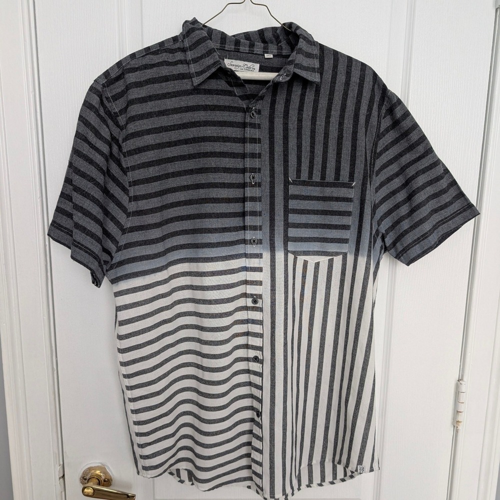 Sovereign Code Men Ombre Striped Short Sleeve Button Down Shirt Grey White Large